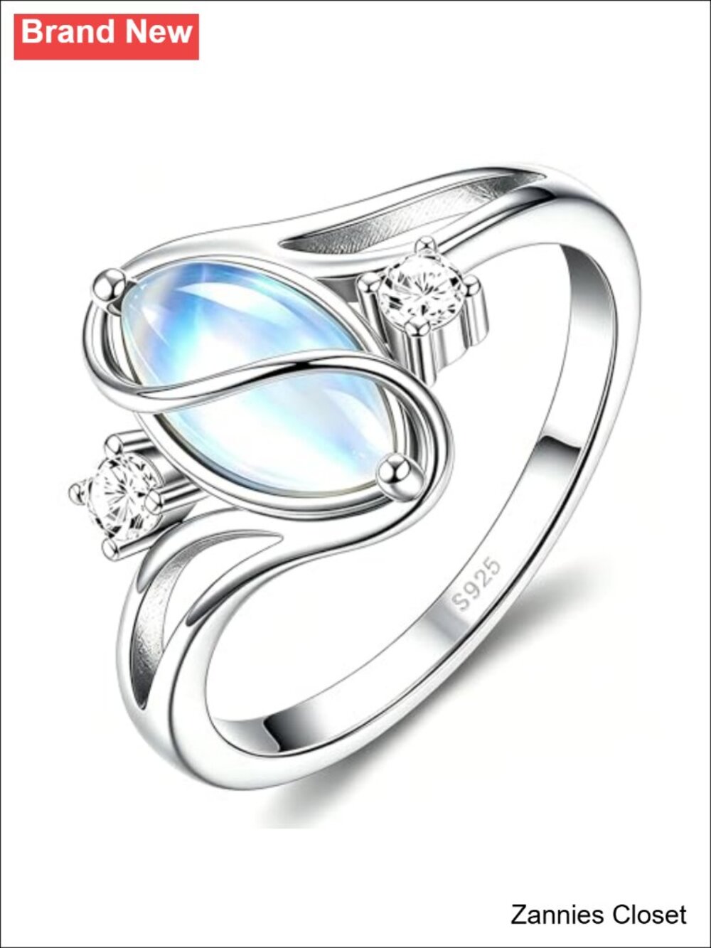 💍 925 Sterling Silver Moonstone Marquise-Cut Promise Ring Cubic Zirconia Accent